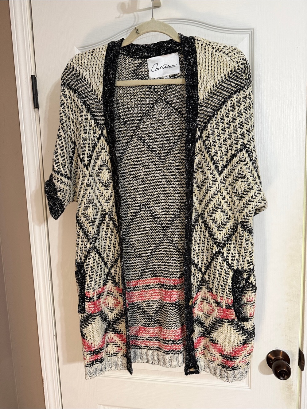 Open-Front Geometric Knit Cardigan - Black, Cream & Pink Accents